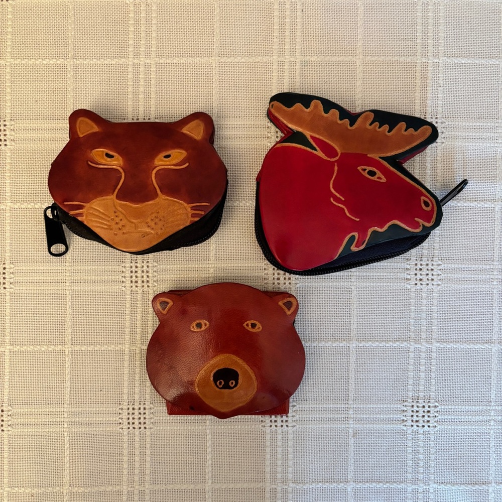 Lot of 3 Vintage BC Animal Face 3"x3" Coin Purse Genuine Leather